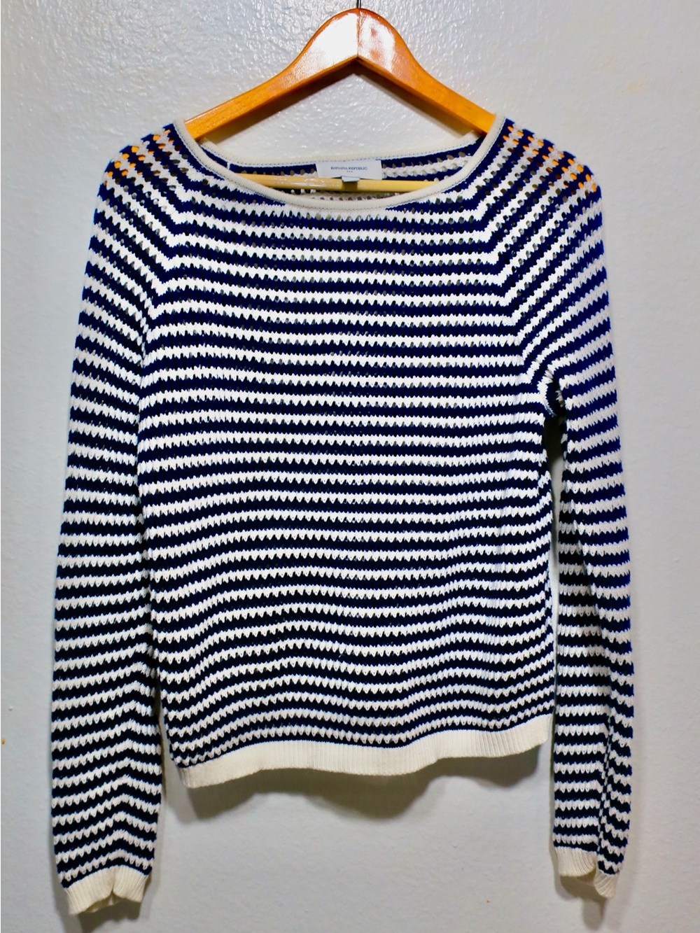 Banana Republic 100% Cotton Navy Ivory Striped Open Knit Sweater M